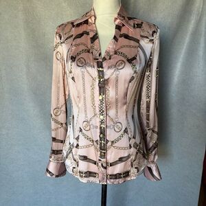 Vintage Cache Silk Pink Button Down Size S Equestrian Chain and Buckle Print